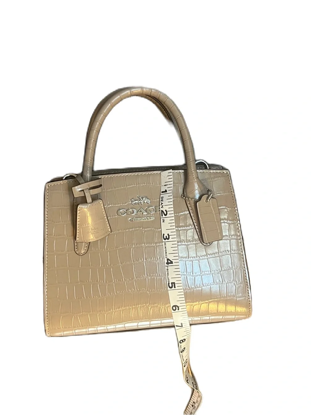 COACH Croc-Embossed Leather Andrea Mini Carryall in a tan colorway